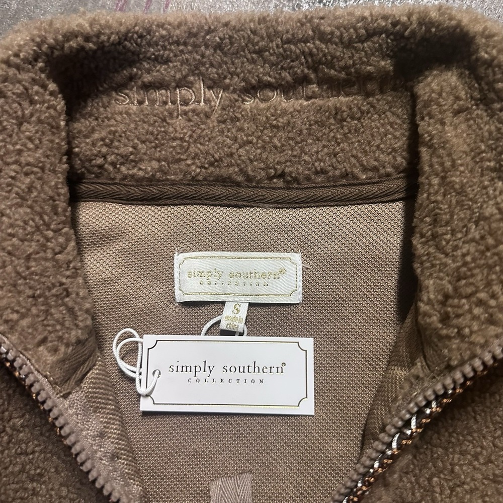 Simply Southern Sherpa Pullover Womens S Crop UGG Quarter Zip Brown Tasman NWT - Picture 3 of 8
